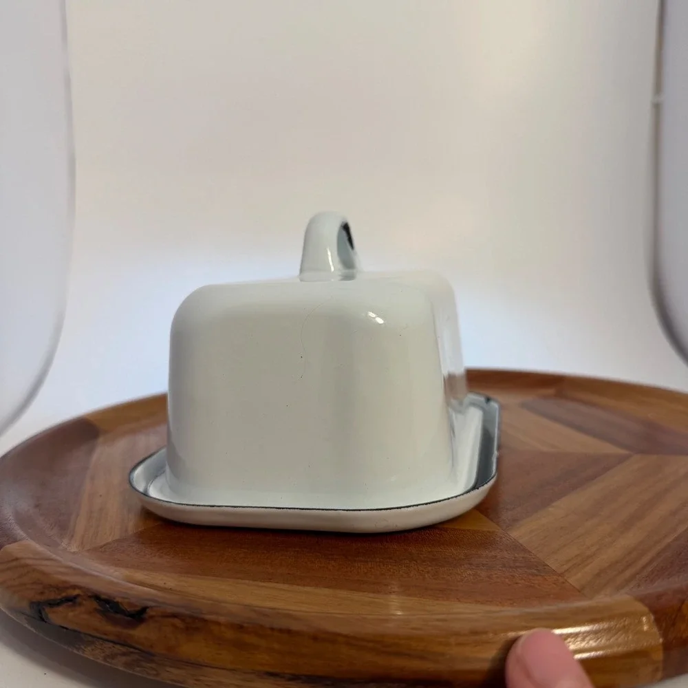 Vintage Farmhouse White Enamel Butter Dish with Lid and Handle Black Rim 6 inch